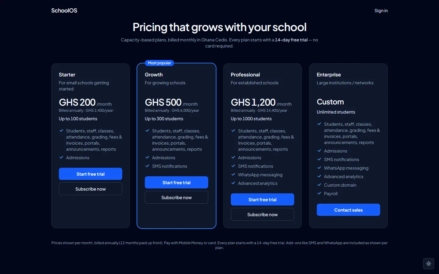 SchoolOS pricing page on desktop