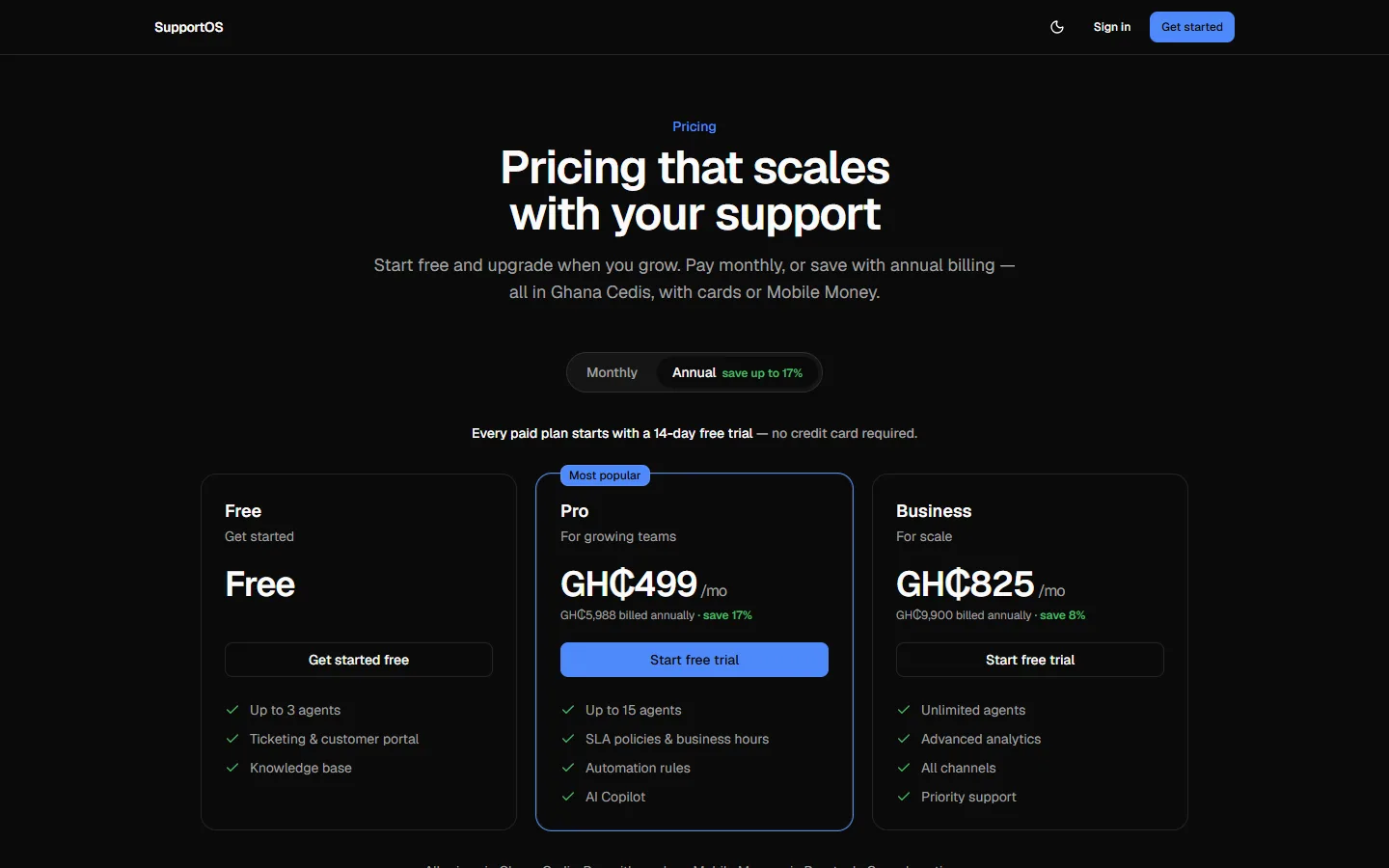 SupportOS pricing page on desktop